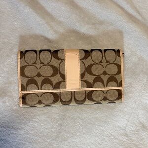 Coach Brown Signature Canvas Wallet with Light Pink Trim